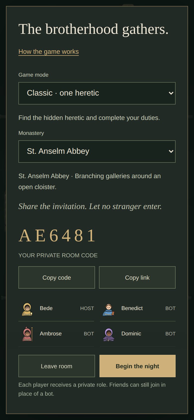 The lobby with a private room code and the brothers who have joined